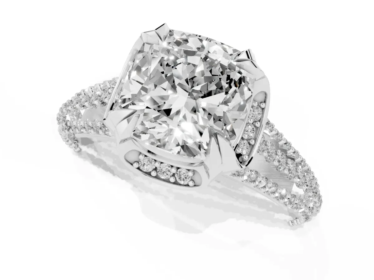 Cushion Cut Solitaire Pave Split Shank Ring with Four-Prong Setting Silver