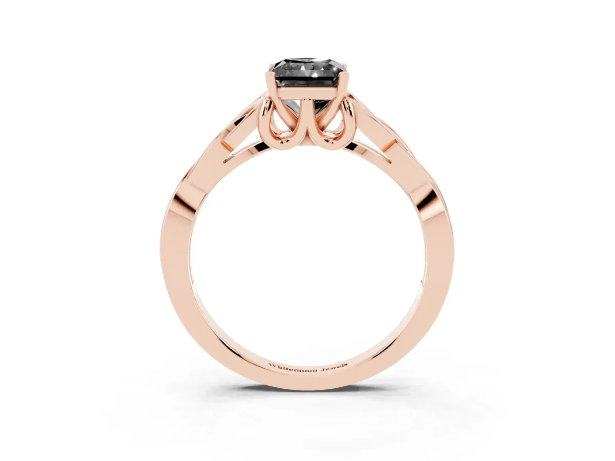 Fancy Black Radiant Cut Diamond Solitaire Engagement Ring with Celtic Knot Band and Four-Prong Setting Rose gold