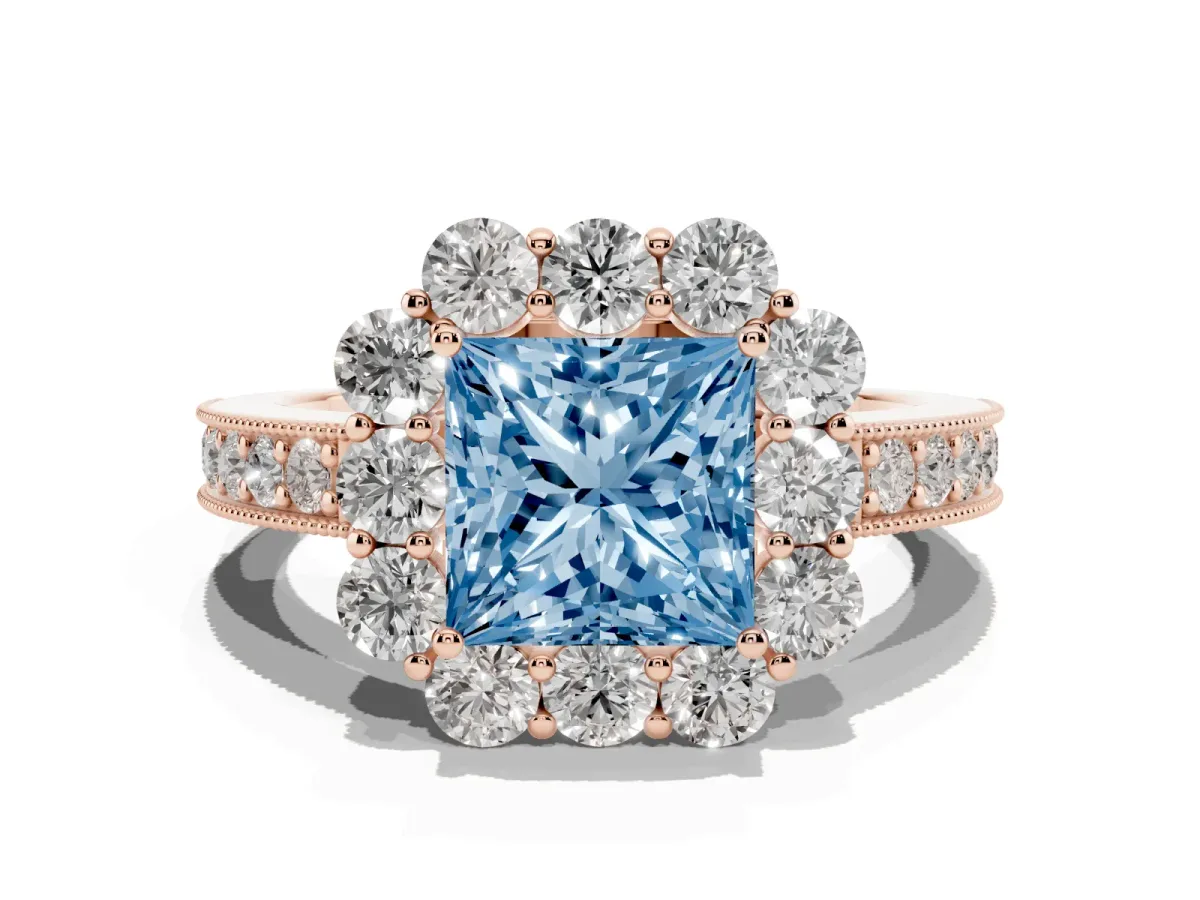 Fancy Blue Princess Cut Cut Halo Diamond Pavé Engagement Ring with Milgrain Detailing Rose gold