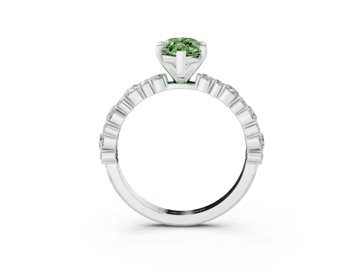 Fancy Green Marquise Cut Diamond Side Stone Solitaire Ring with Round and Four-Prong Setting Silver