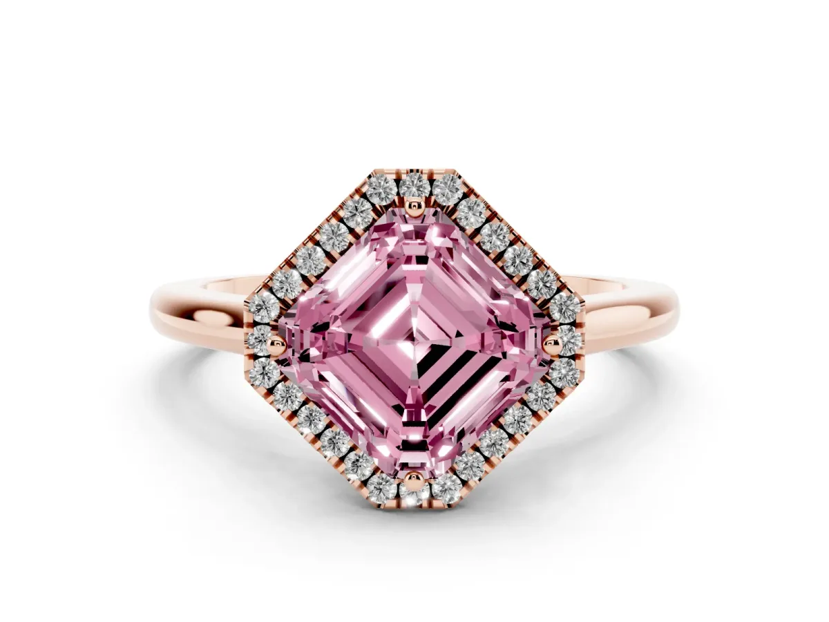 Fancy Pink Asscher Cut Halo Round Diamond Solitaire Engagement Ring with Pave Band and Four-Prong Setting Rose gold