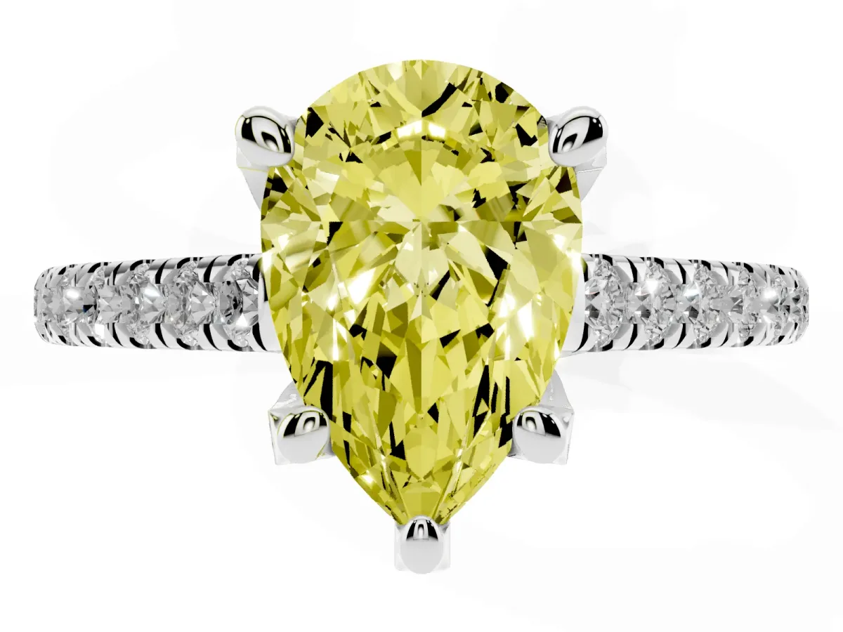Fancy Yellow Pear Cut Brilliant Diamond Solitaire with Pavé Band and Four-Prong Setting Silver
