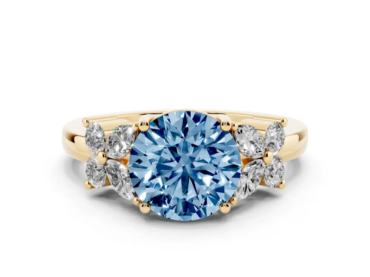 Fancy Blue Round Cut Diamond Floral Cluster Ring with Solitaire Band and Prong Setting Yellow gold