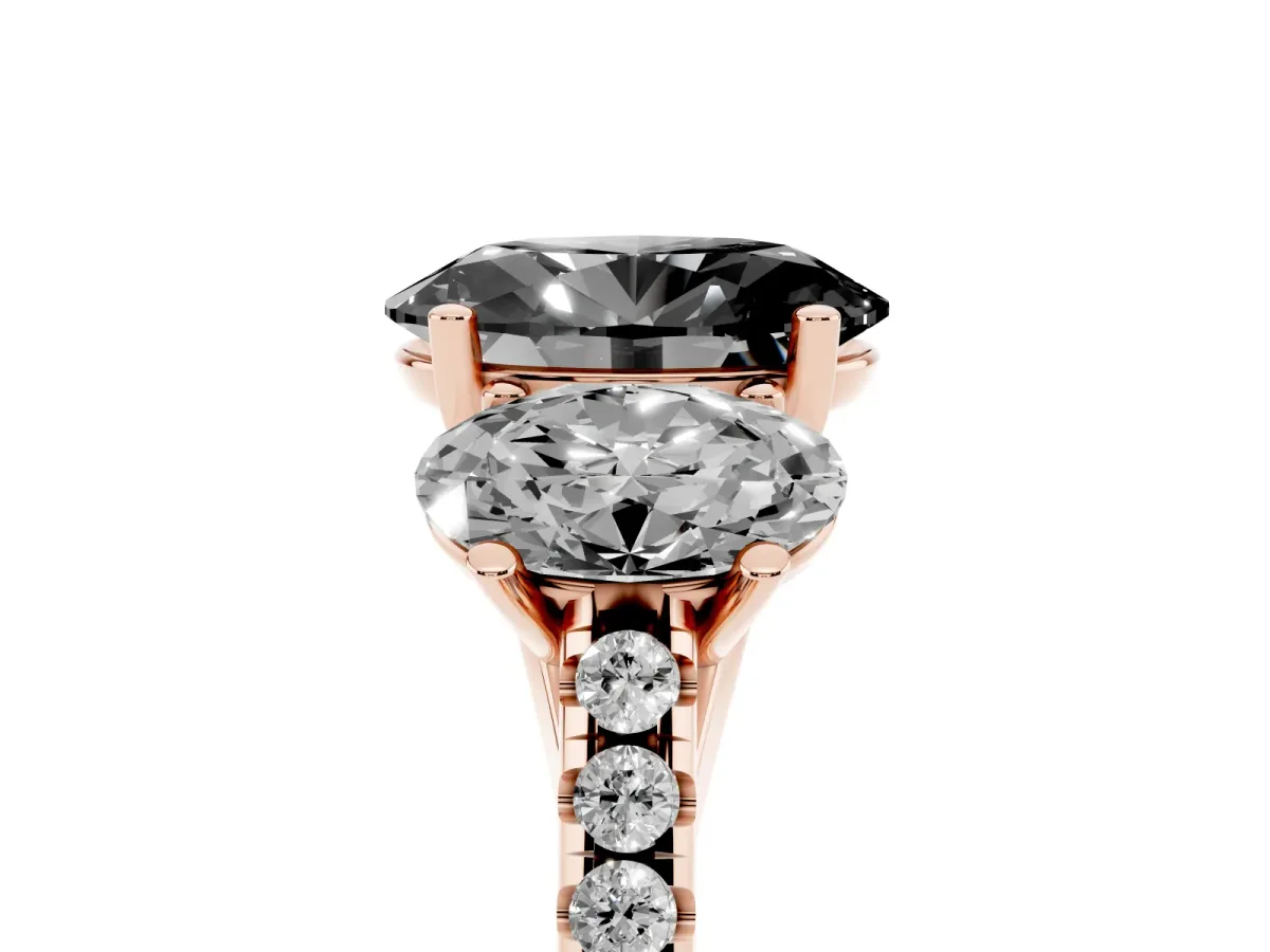 Fancy Black Three-Stone Oval Cut Diamond Ring with Round Pavé Band and Prong Setting Rose gold