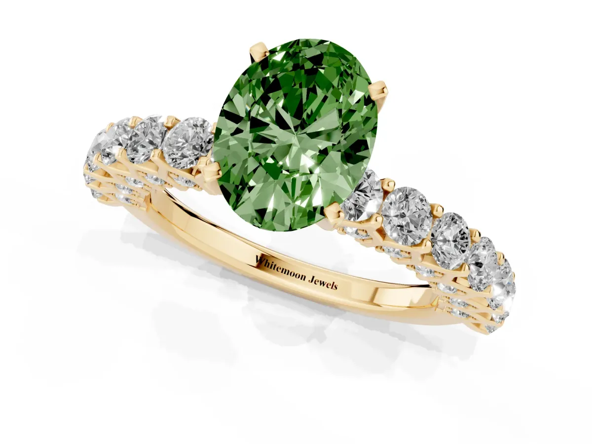 Fancy Green Oval Cut Diamond Solitaire Ring with Shared Prong Pavé Band and Four-Prong Setting Yellow gold