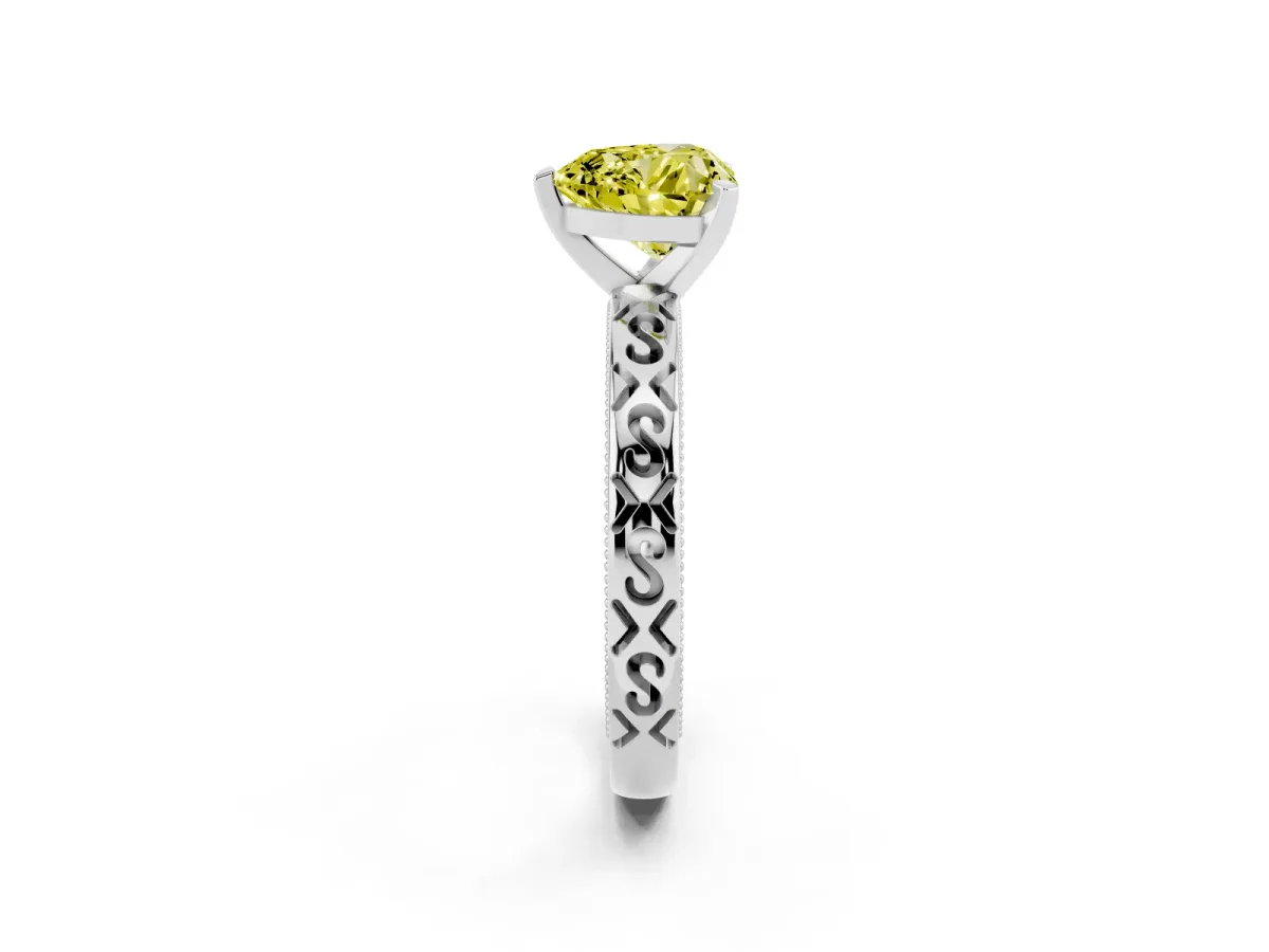Fancy Yellow Heart Cut Solitaire Engagement Ring with Scrollwork Band and Four-Prong Setting Platinum