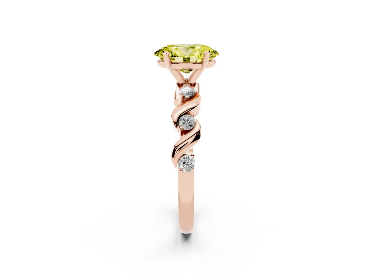 Fancy Yellow Oval Cut Diamond Solitaire Twisted Band with Round Accents and Prong Setting Rose gold