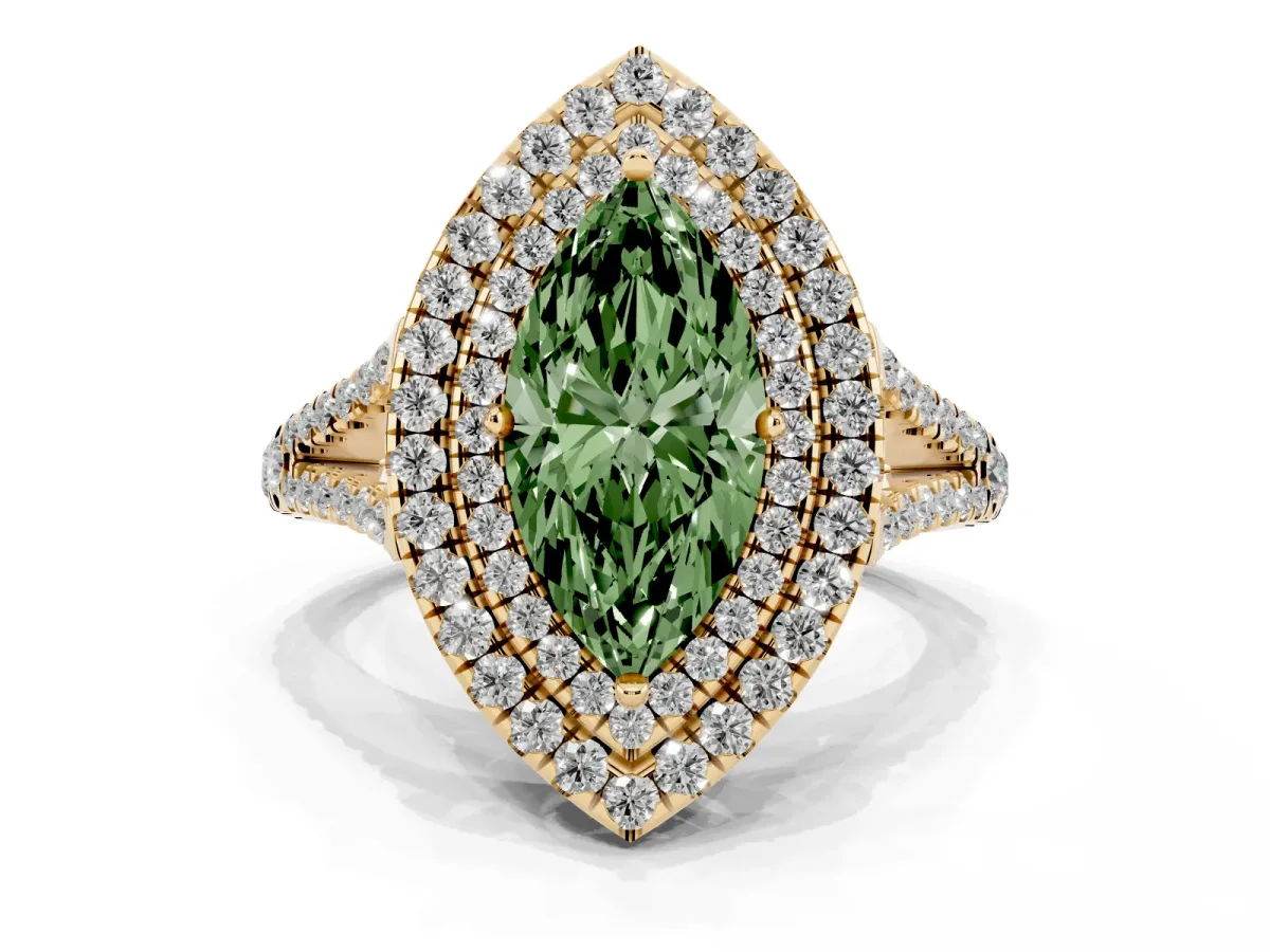 Fancy Green Marquise Cut Diamond Double Halo Ring with Pavé Band and Prong Setting Yellow gold