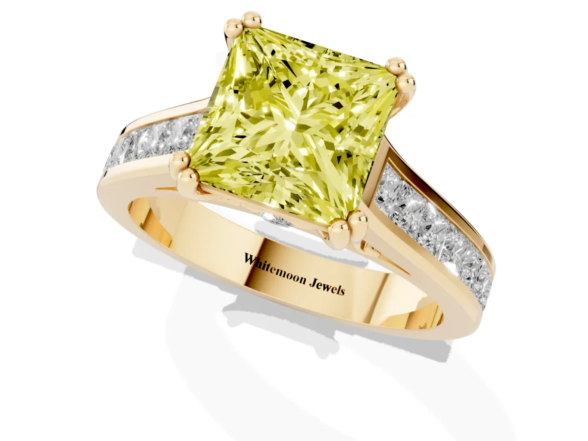 Fancy Yellow Princess Cut Cut Channel Set Solitaire Engagement Ring with Prong Setting Yellow gold