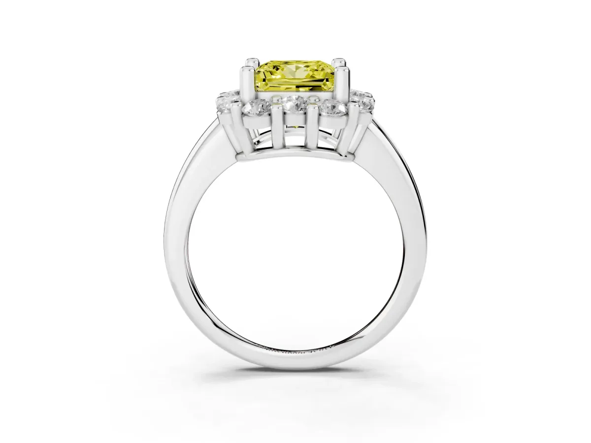 Fancy Yellow Princess Cut Halo Cluster Diamond Engagement Ring with Prong Setting and Polished Band Platinum