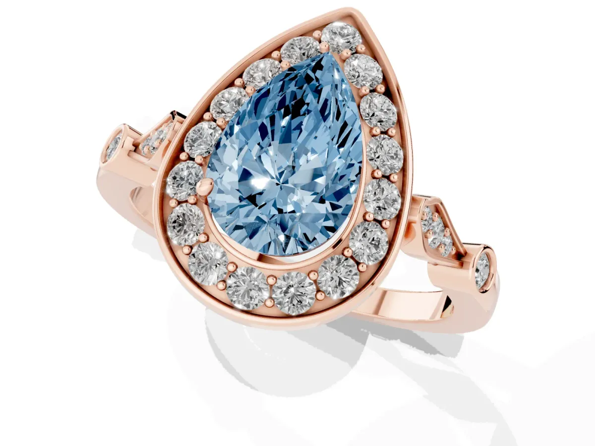 Fancy Blue Pear Cut Halo Diamond Engagement Ring with Twisted Band and Four-Prong Setting Rose gold