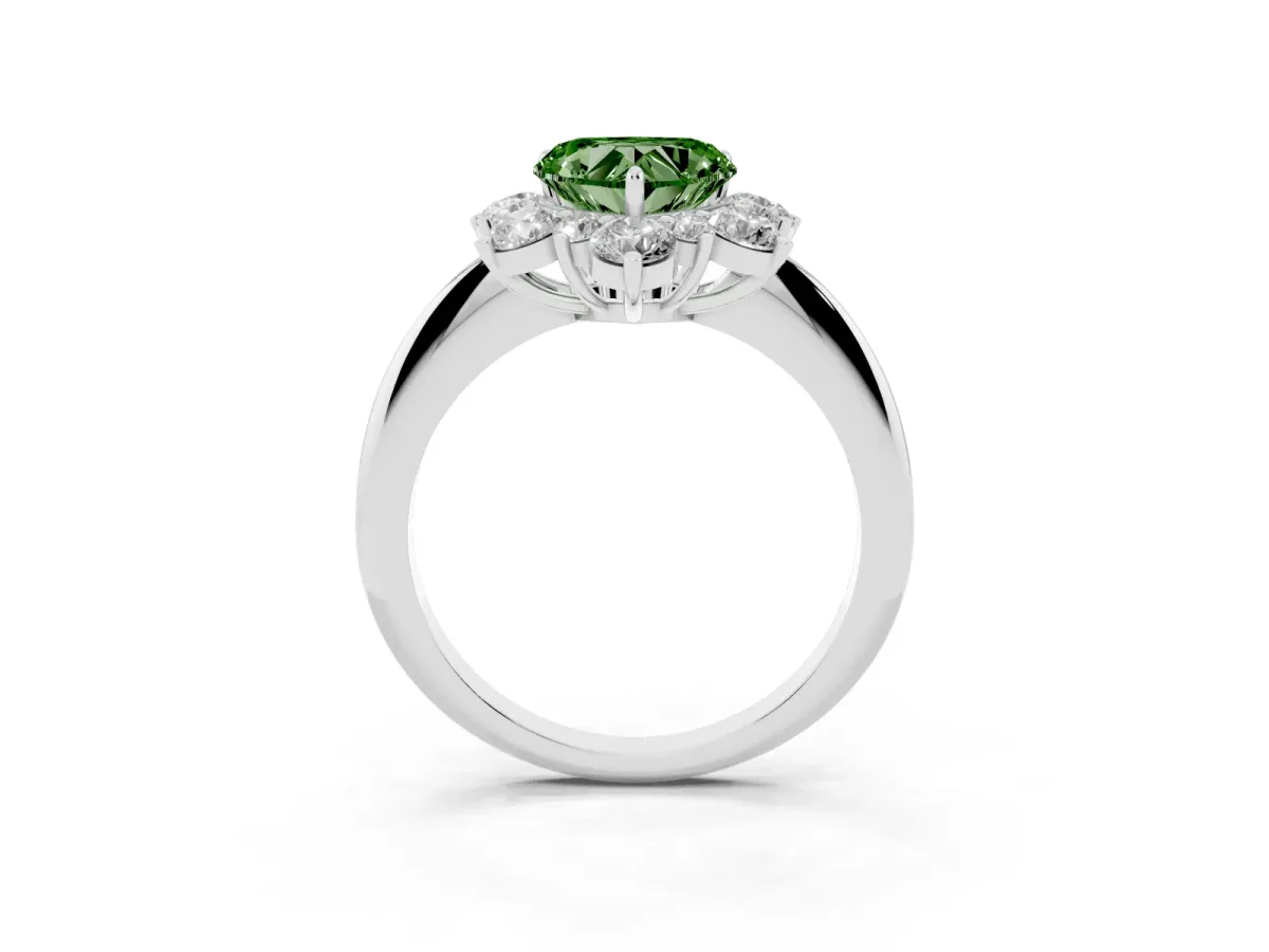 Fancy Green Heart Cut Diamond Cluster Halo Ring with Solitaire Band and Four-Prong Setting Platinum