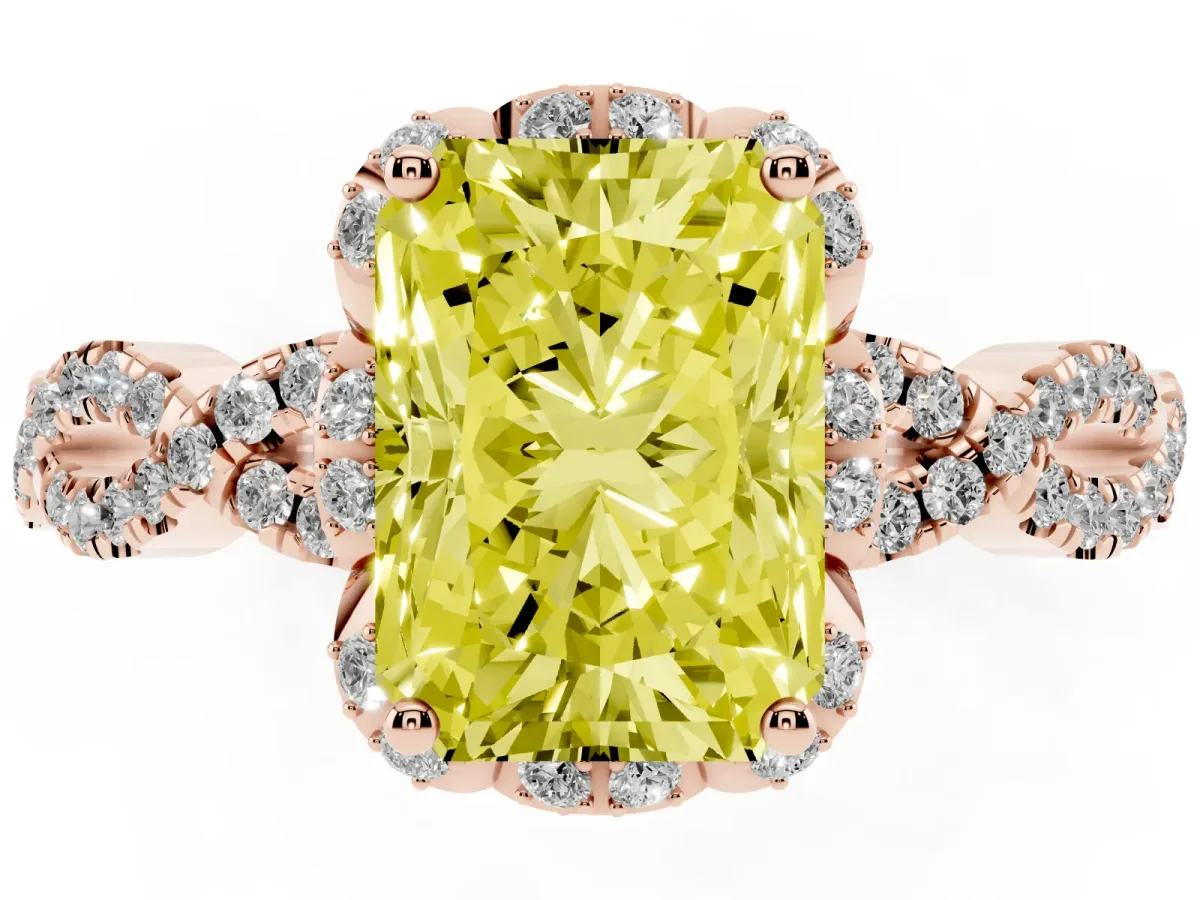 Fancy Yellow Radiant Cut Halo Twist Band Solitaire Ring with Six-Prong Setting Rose gold