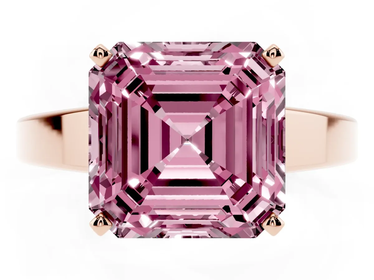 Fancy Pink Asscher Cut Solitaire Engagement Ring with Four-Prong Setting and Tapered Band Rose gold