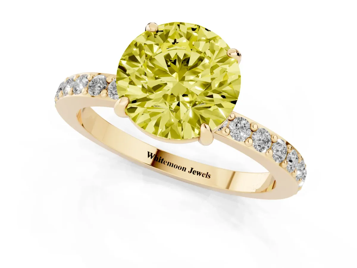 Fancy Yellow Round Cut Diamond Pavé Engagement Ring with Round Accents and Prong Setting Yellow gold