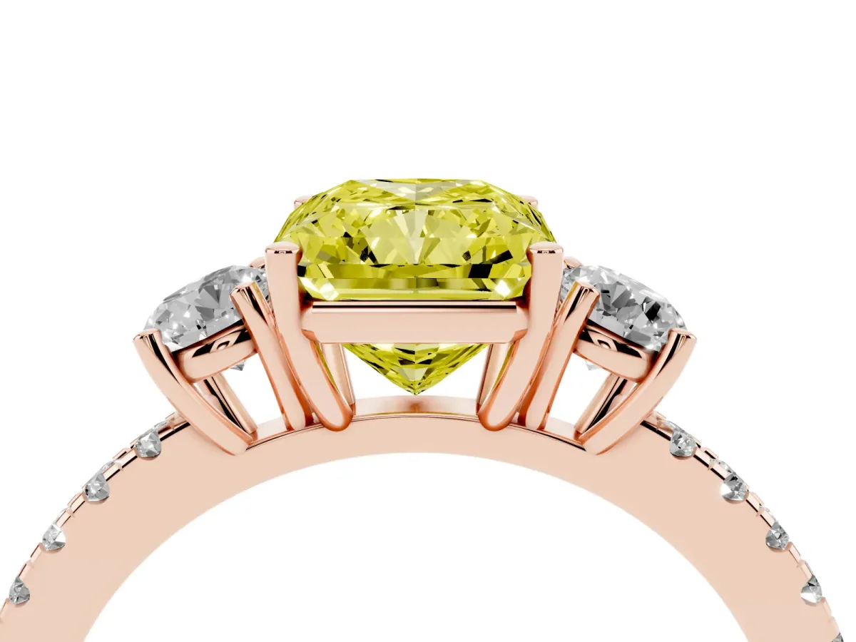 Fancy Yellow Three-Stone Radiant Cut Cut Diamond Pavé Band with Prong Setting Rose gold