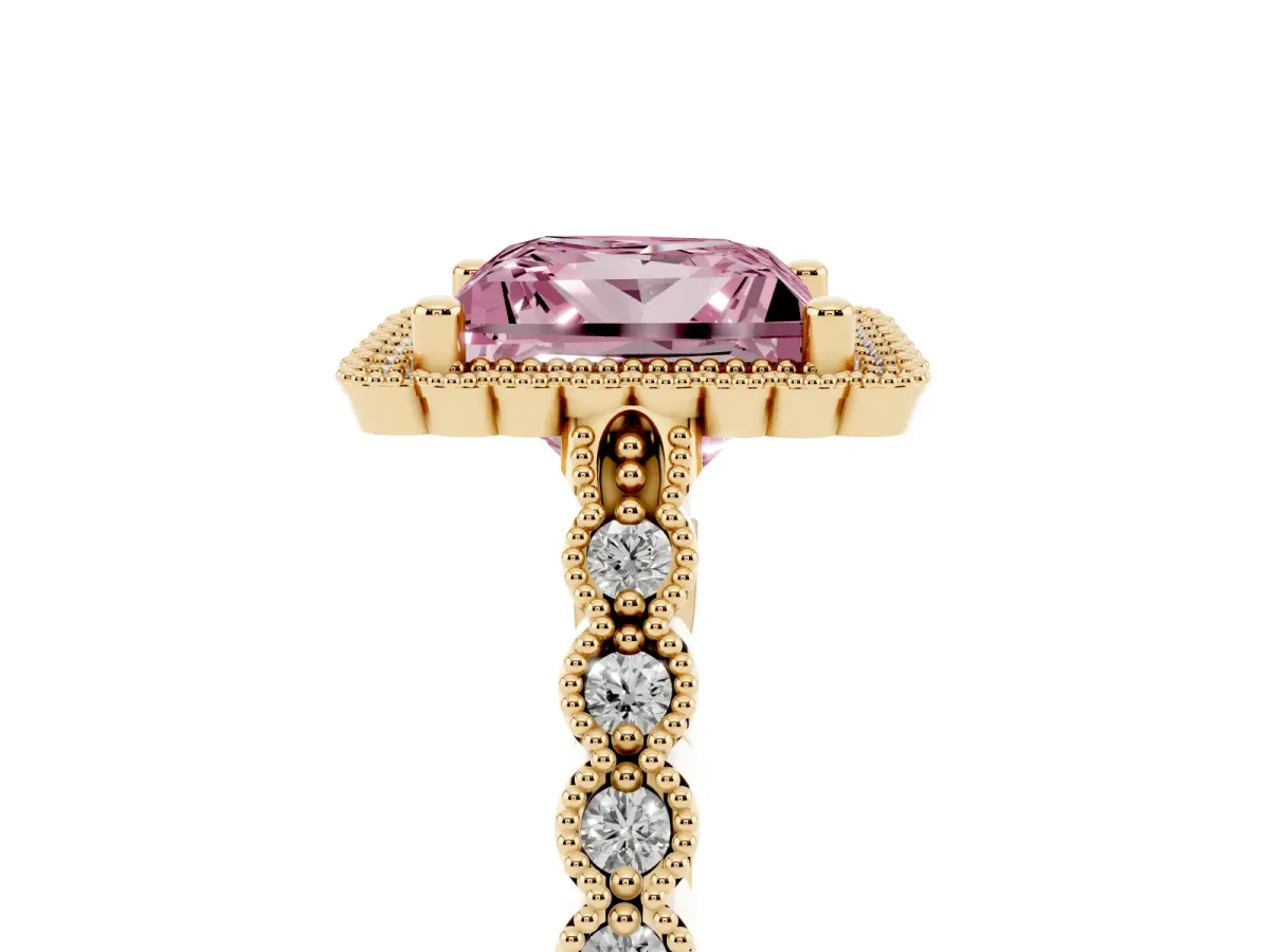 Fancy Pink Princess Cut Cut Halo Pavé Solitaire Ring with Milgrain Band Yellow gold