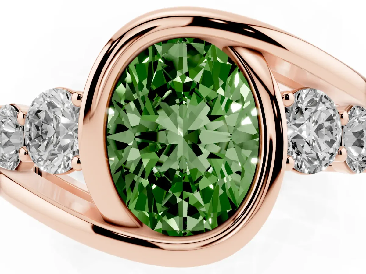 Fancy Green Bezel Set Oval Cut Diamond Bypass Ring with Round Accents Rose gold