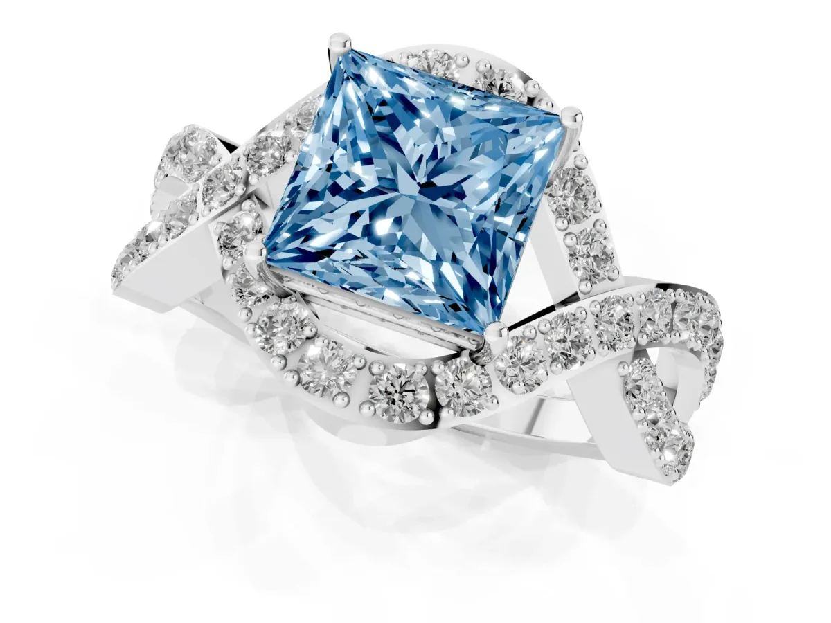 Fancy Blue Princess Cut Solitaire Twist Band Pavé Diamond Engagement Ring White gold