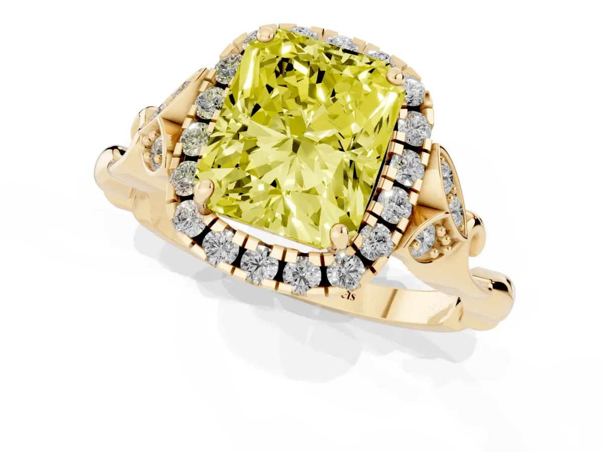 Fancy Yellow Radiant Cut Halo Diamond Engagement Ring with Vintage-Inspired Band and Four-Prong Setting Yellow gold