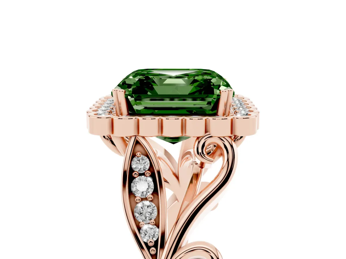 Fancy Green Asscher Cut Diamond Halo Ring with Vintage Split Shank and Four-Prong Setting Rose gold
