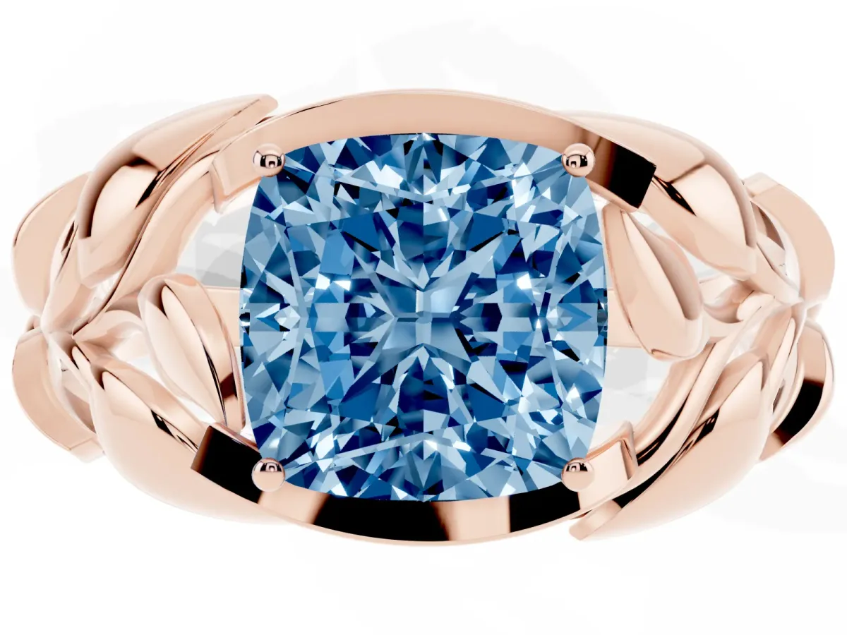 Fancy Blue Cushion Cut Diamond Leaf-Inspired Engagement Ring with Round Accents and Prong Setting Rose gold