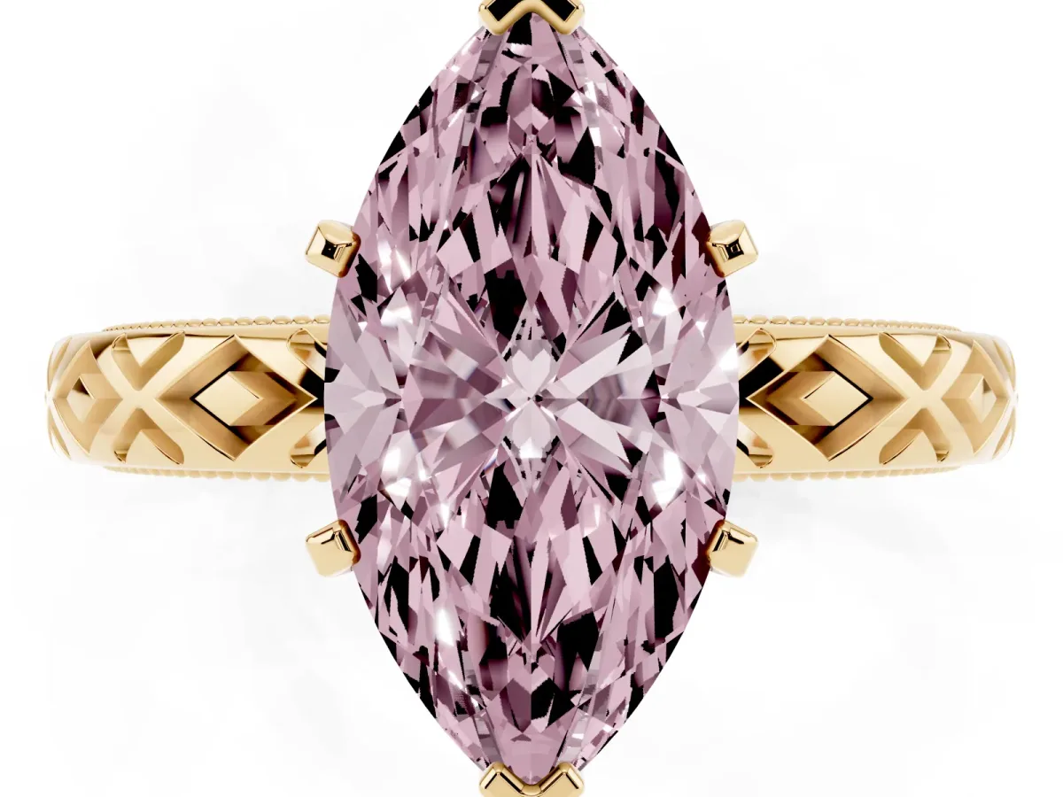 Fancy Pink Marquise Cut Solitaire Diamond Ring with Milgrain and Black Enamel X Pattern Band Yellow gold