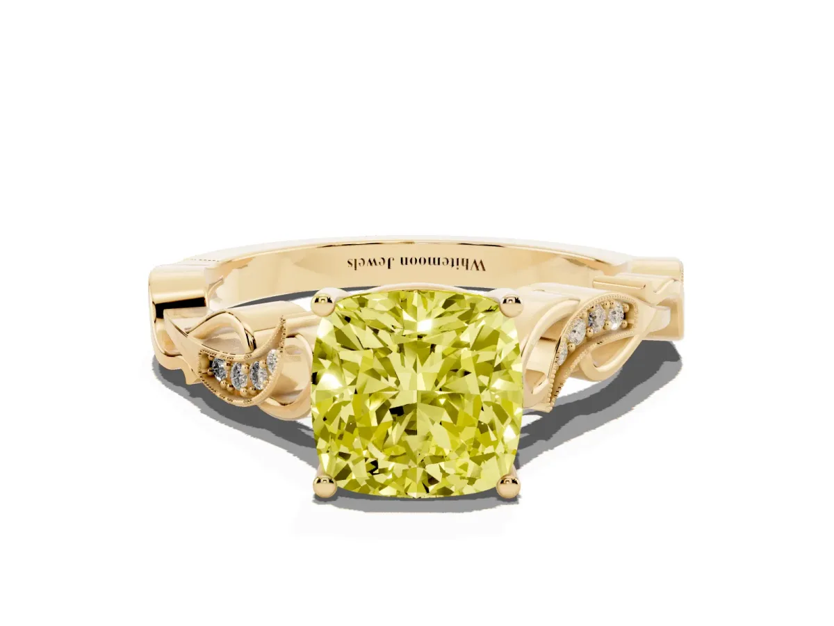 Fancy Yellow Cushion Cut Solitaire Vine Band with Milgrain Prong Setting Yellow gold
