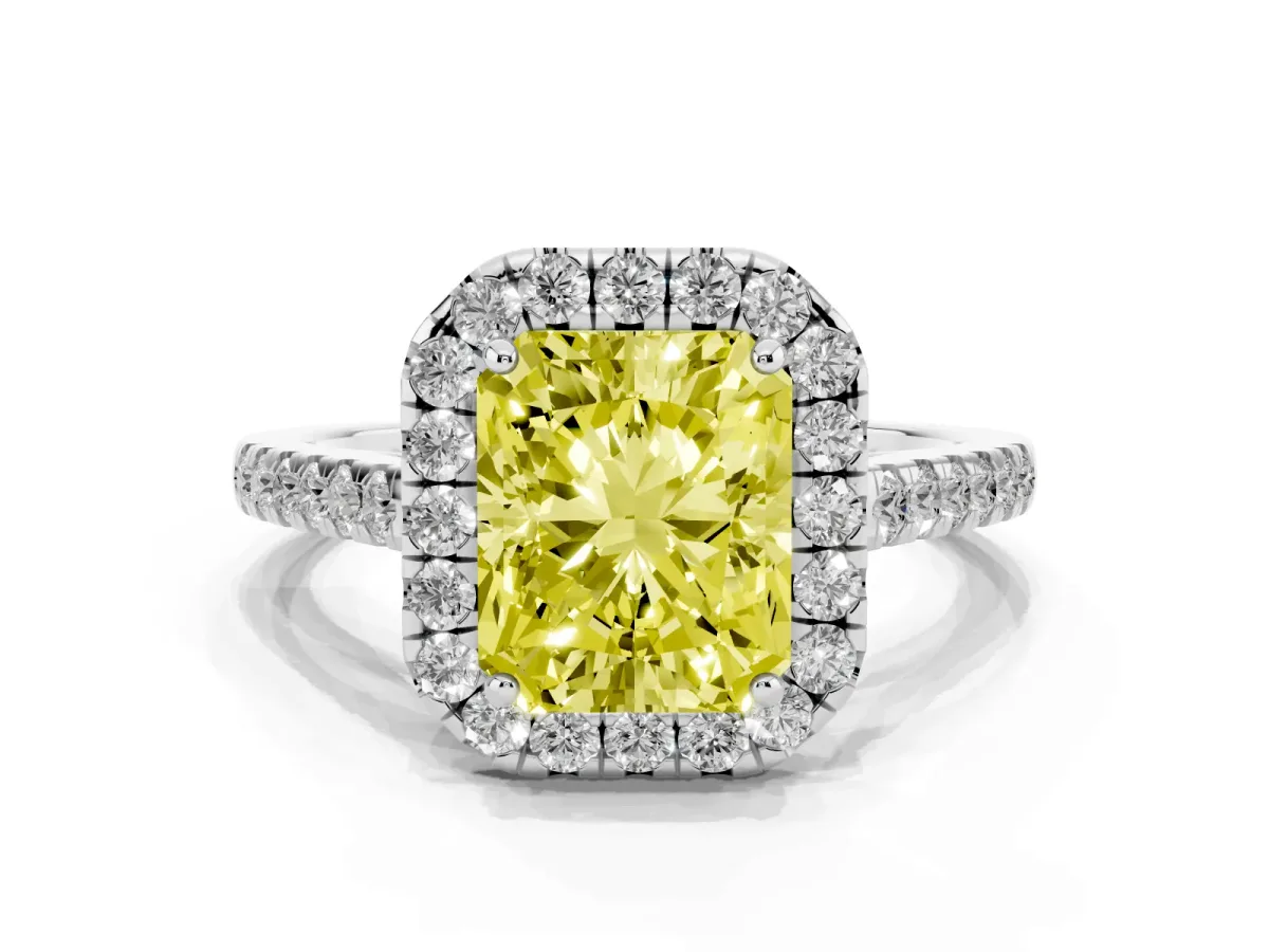 Fancy Yellow Radiant Cut Halo Pave Diamond Engagement Ring with Four-Prong Setting Silver
