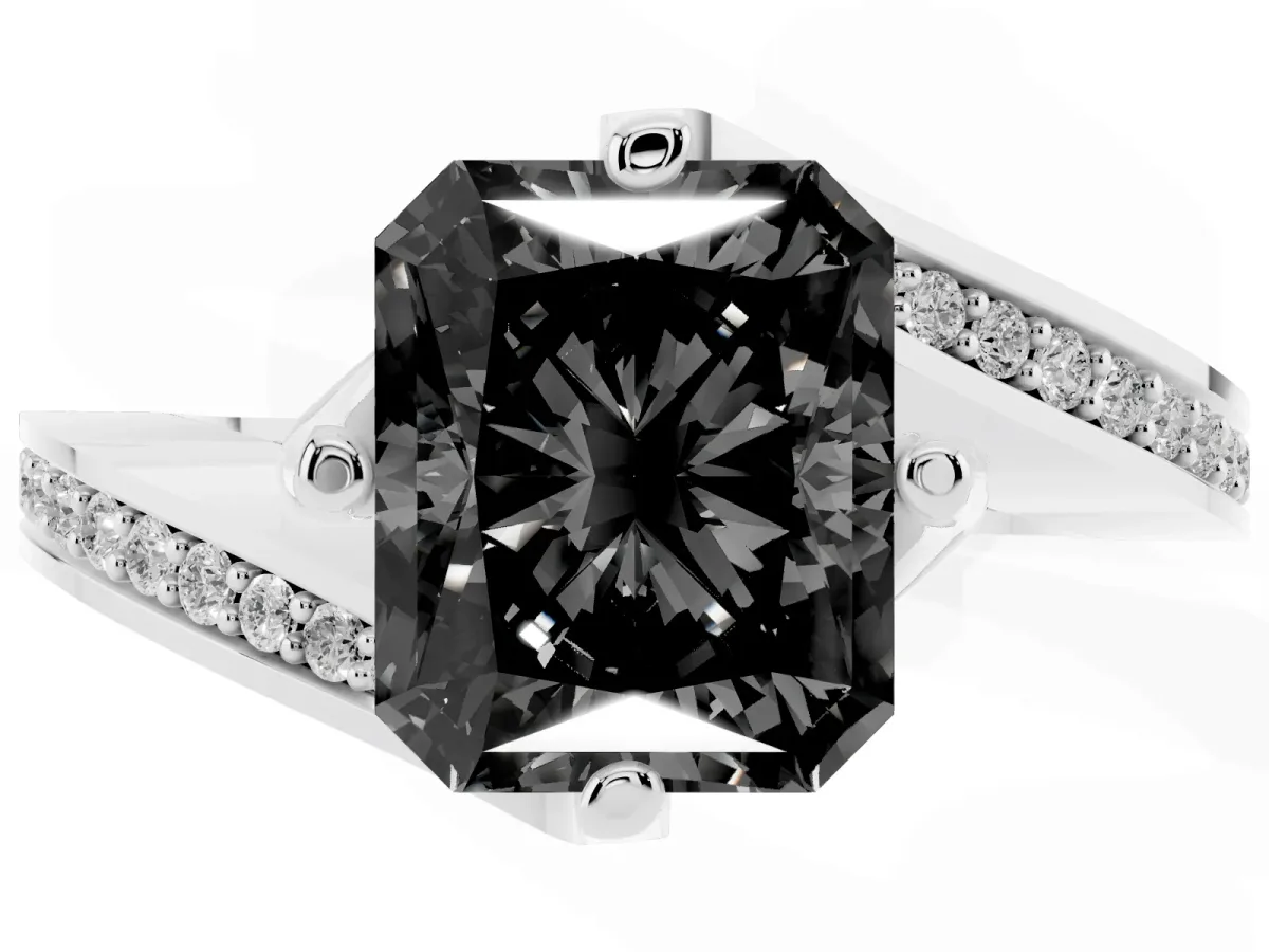 Fancy Black Radiant Cut Solitaire Diamond Twist Band with Pavé Setting and Four-Prong Setting Silver