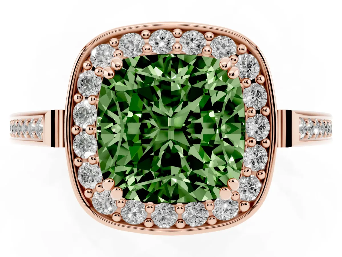 Fancy Green Cushion Cut Diamond Halo Ring with Split Shank and Four-Prong Setting Rose gold