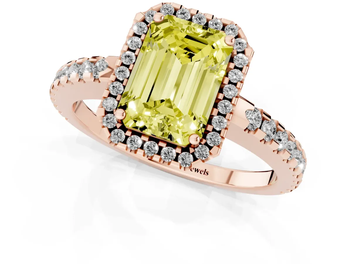 Fancy Yellow Emerald Cut Diamond Halo Engagement Ring with Pavé Band and Prong Setting Rose gold