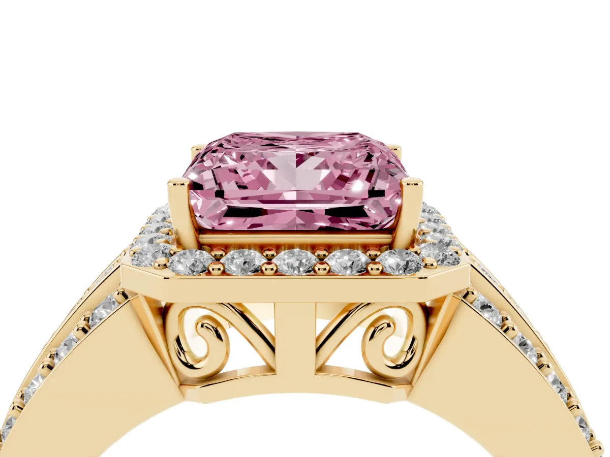 Fancy Pink Princess Cut Halo Diamond Ring with Round Split Shank and Prong Setting Yellow gold
