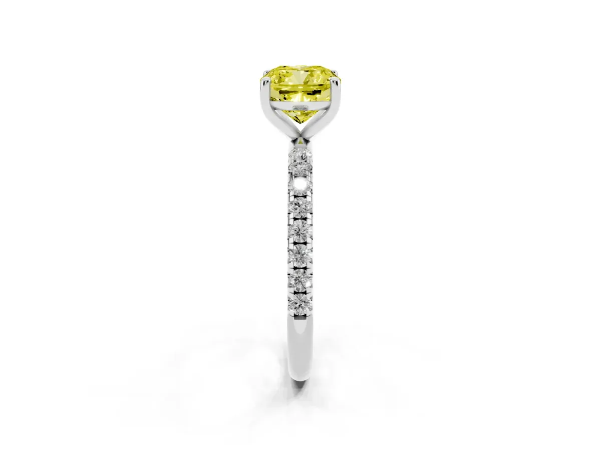 Fancy Yellow Cushion Cut Cut Diamond Solitaire Ring with Micro Pave Band and Four Prong Setting Silver