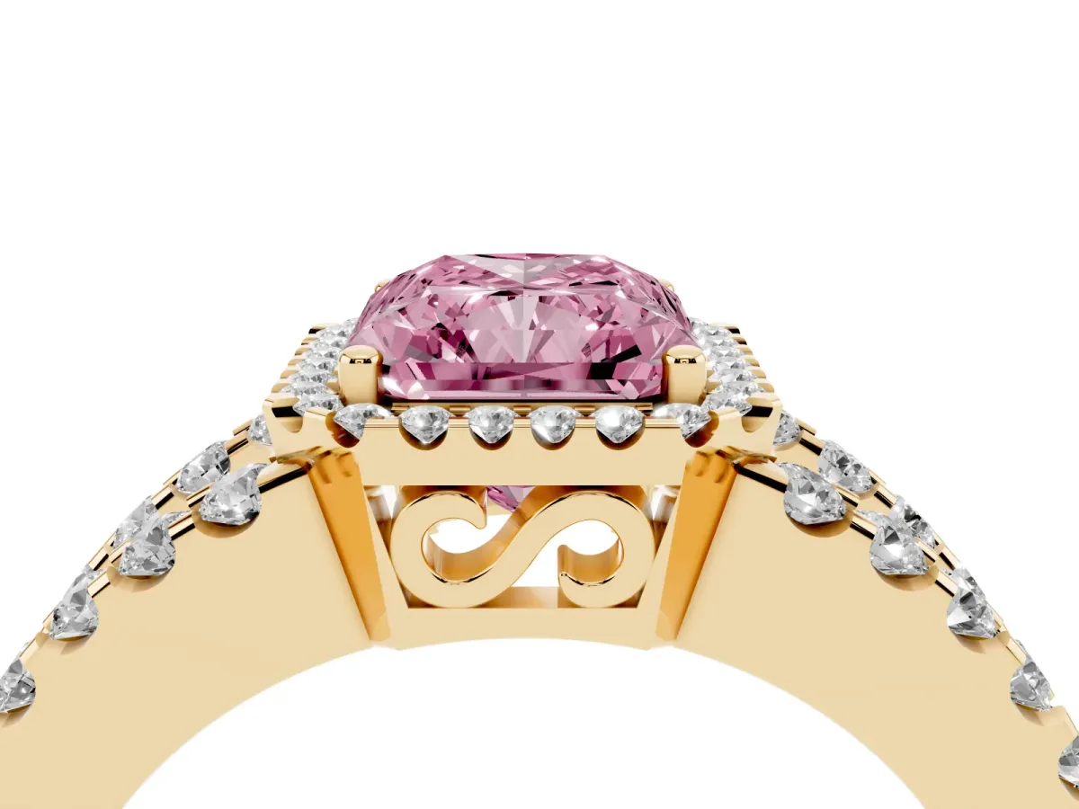 Fancy Pink Radiant Cut Cut Halo Split Shank Diamond Ring with Four-Prong Setting Yellow gold