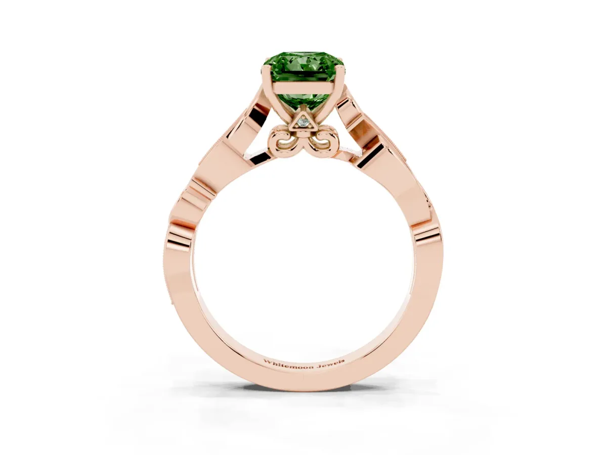 Fancy Green Radiant Cut Solitaire Vine Band with Milgrain Prong Setting Rose gold