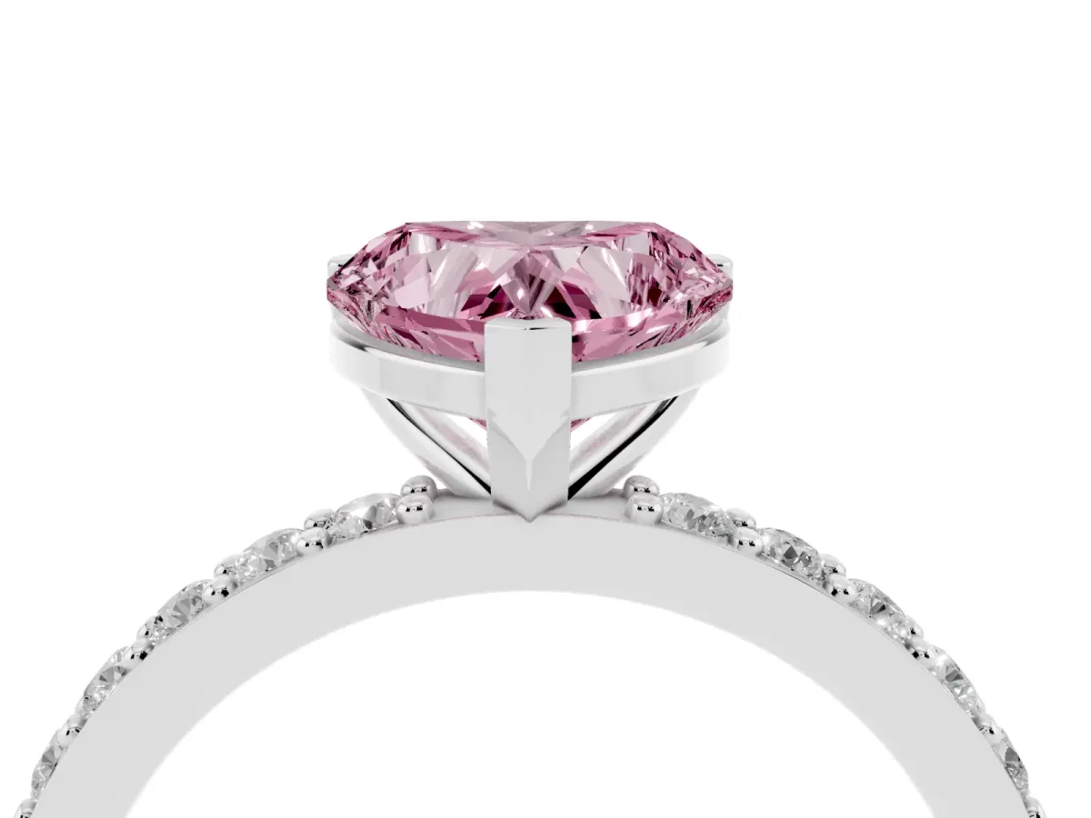 Fancy Pink Heart Cut Cut Diamond Solitaire with Pave Band and Four-Prong Setting Platinum