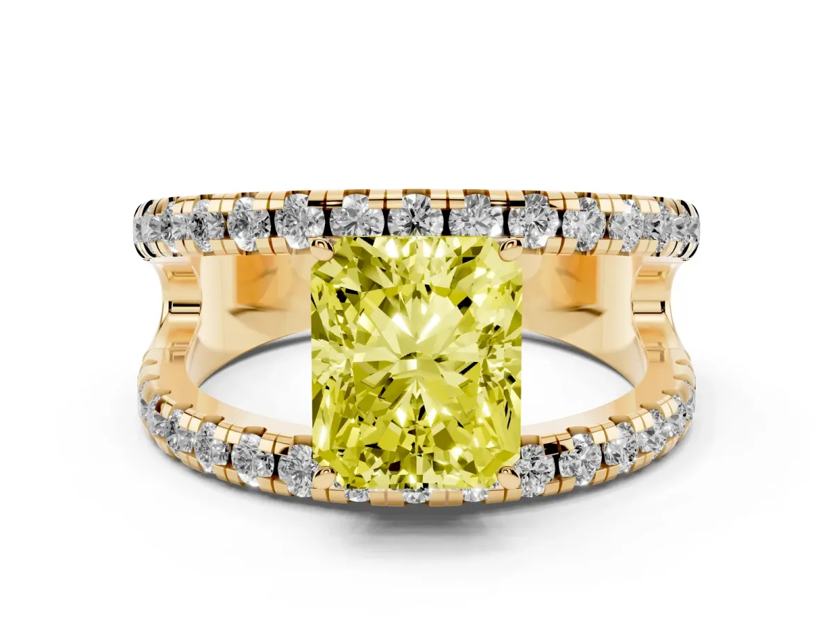 Fancy Yellow Radiant Cut Solitaire Split Shank Pave Diamond Ring Yellow gold