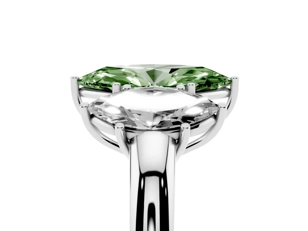 Fancy Green Marquise Cut Diamond Three-Stone Ring with Four-Prong Setting and Classic Band White gold