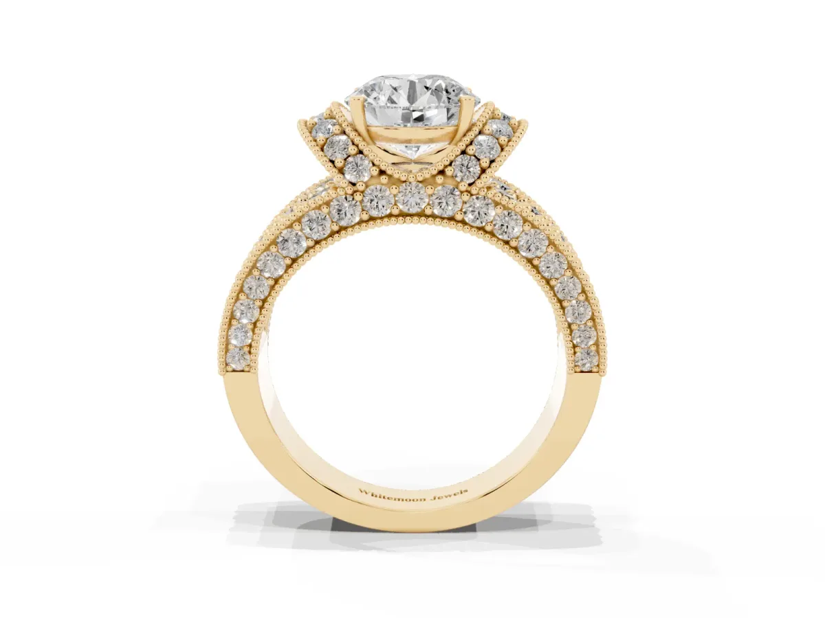 Round Cut Halo Pave Diamond Engagement Ring with Milgrain Detailing Yellow gold