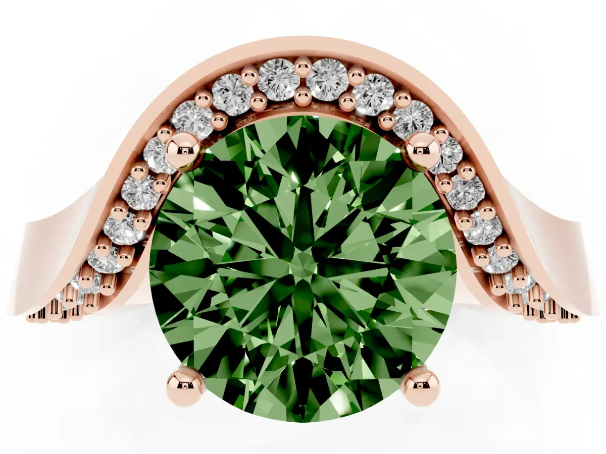 Fancy Green Round Cut Solitaire Diamond Engagement Ring with Pave Band and Four-Prong Setting Rose gold