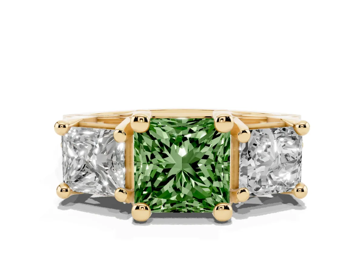 Fancy Green Princess Cut Diamond Three-Stone Ring with Channel Set Band and Four-Prong Setting Yellow gold