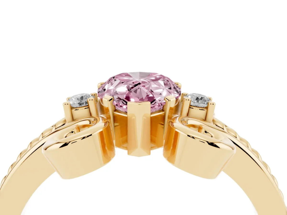Fancy Pink Pear Cut Solitaire Twisted Band Scroll Prong Ring Yellow gold