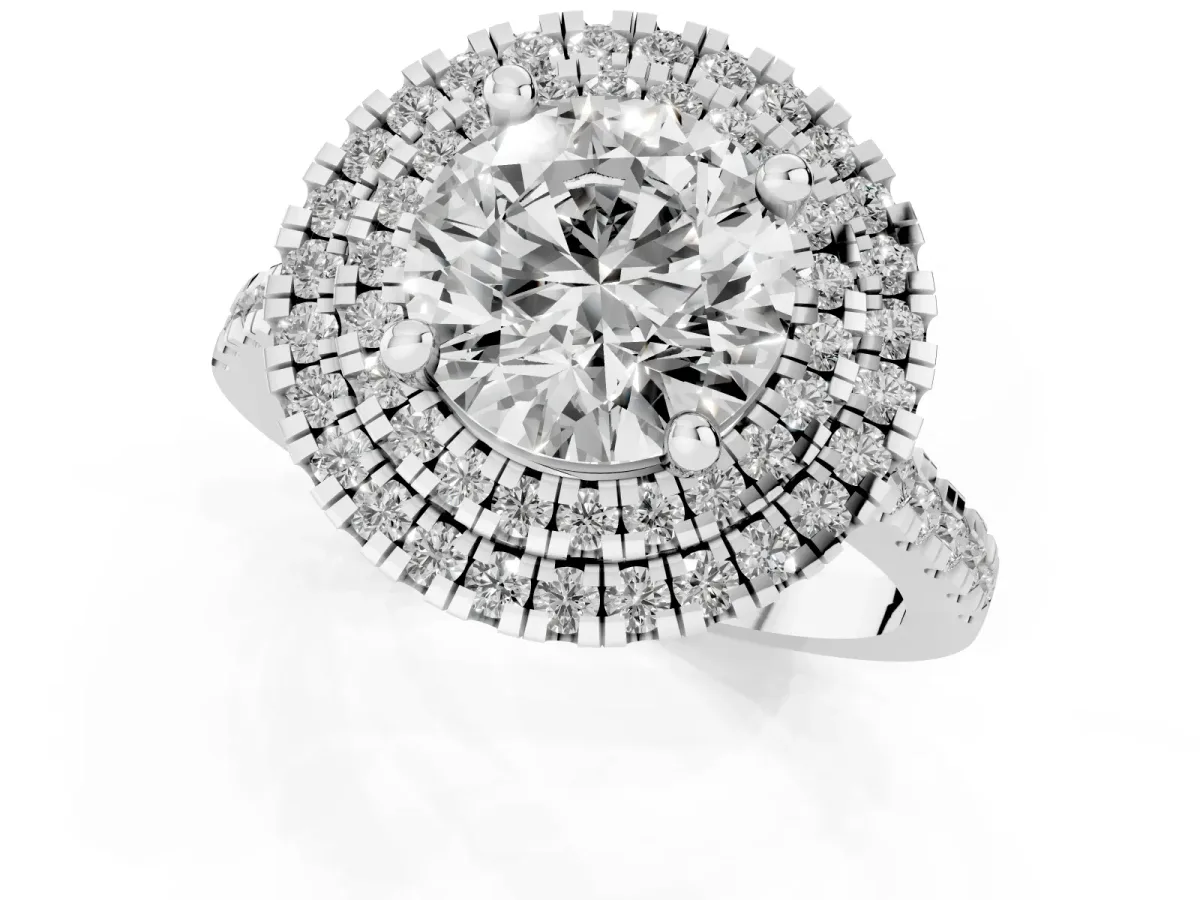 Double Halo Round Cut Diamond Pavé Band with Four-Prong Setting Silver