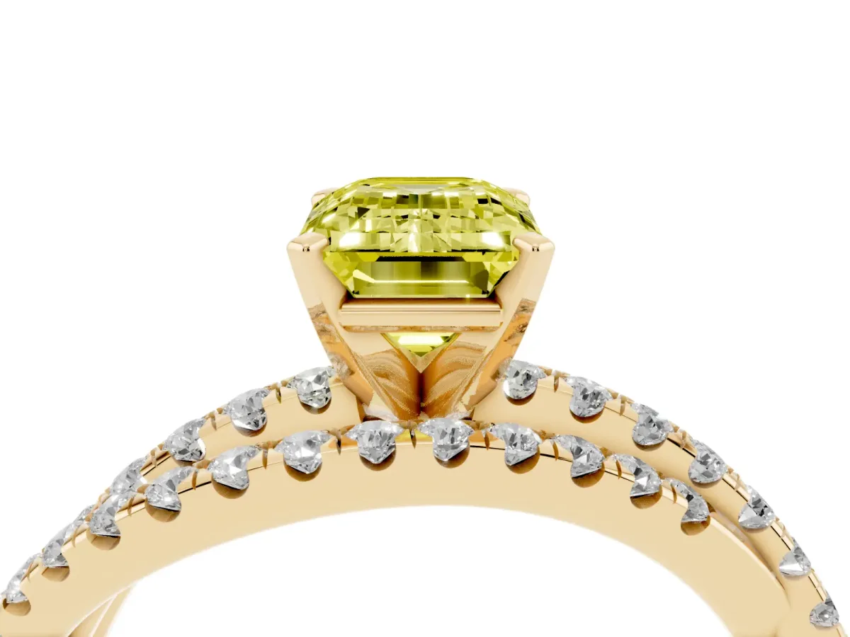 Fancy Yellow Emerald Cut Solitaire Twist Band with Pavé Setting and Four-Prong Setting Yellow gold