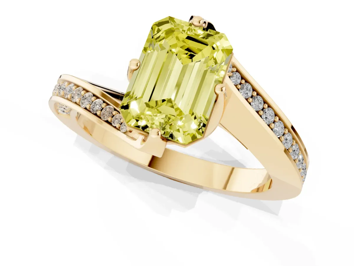 Fancy Yellow Emerald Cut Solitaire Diamond Twist Band with Pavé Setting and Four-Prong Setting Yellow gold