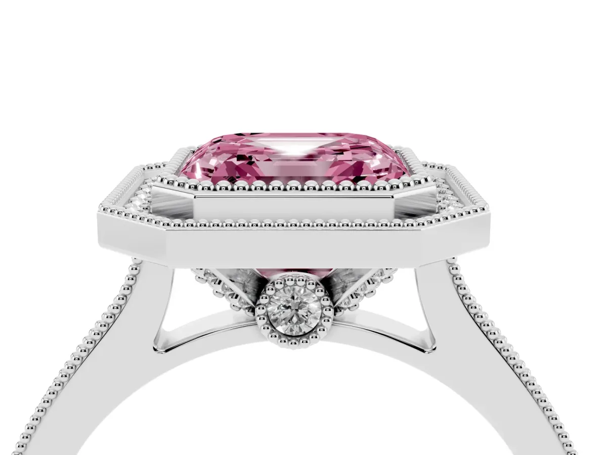 Fancy Pink Halo Asscher Cut-Cut Diamond Pave Band Milgrain Prong Setting Ring Silver