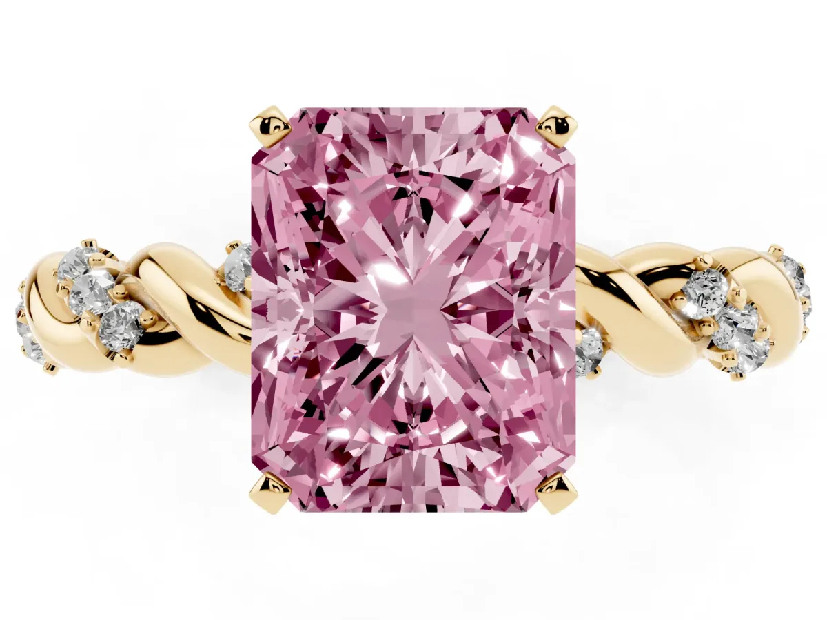 Fancy Pink Radiant Cut Diamond Solitaire Ring with Twisted Band and Pavé Accents Yellow gold
