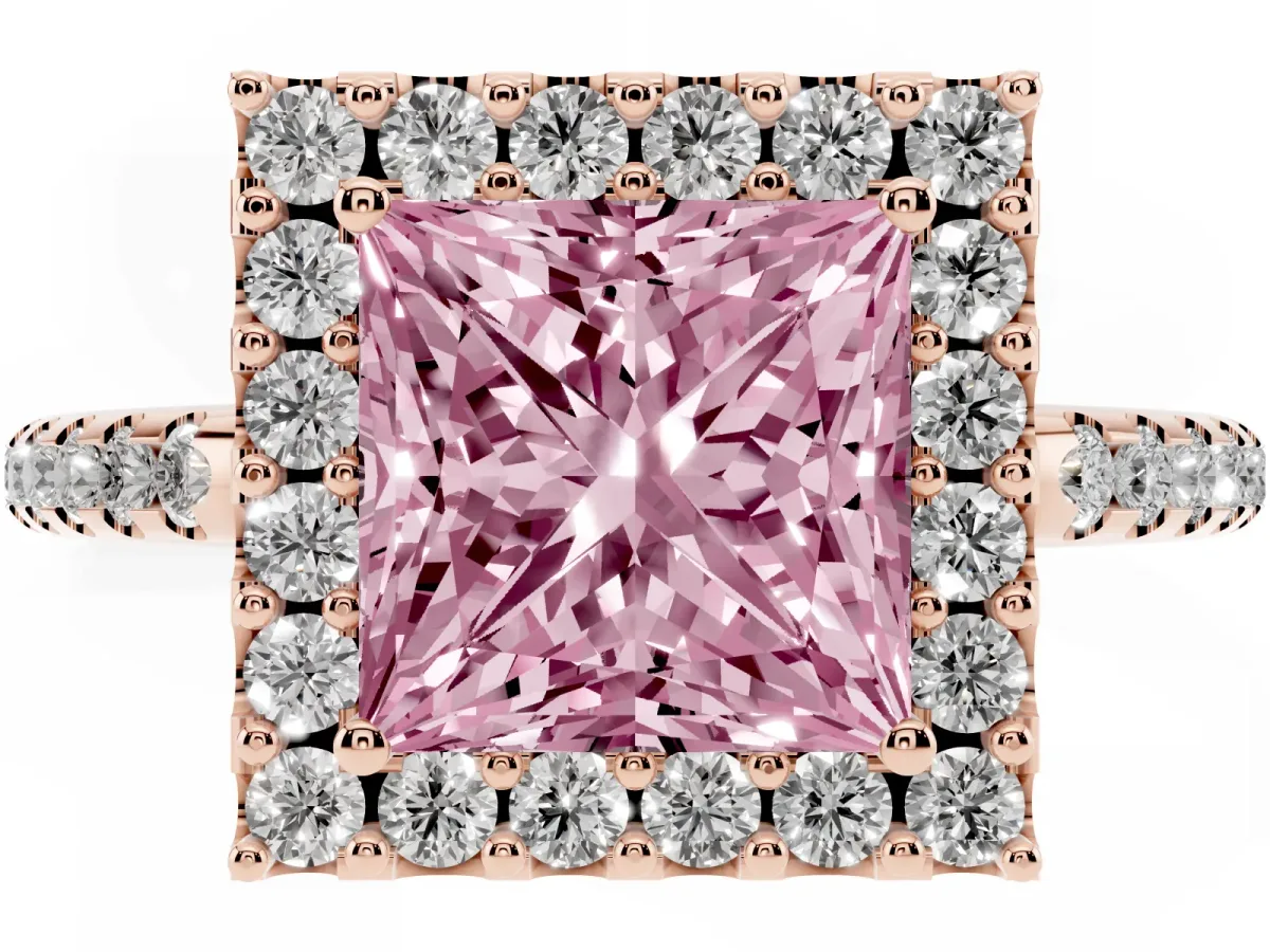 Fancy Pink Princess Cut Diamond Pavé Halo Ring with Four-Prong Setting Rose gold