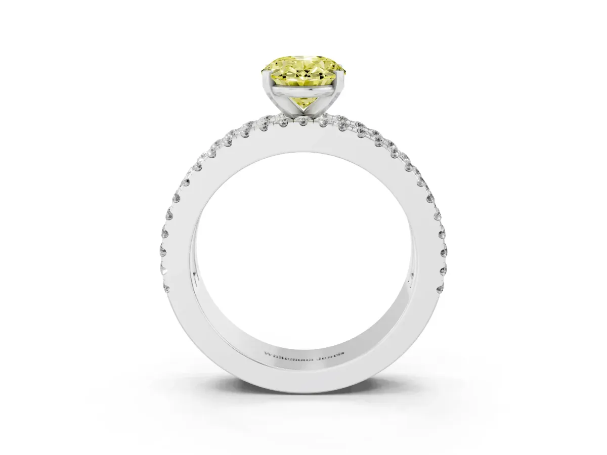 Fancy Yellow Oval Cut Diamond Solitaire Ring with Pavé and Channel Set Band Silver